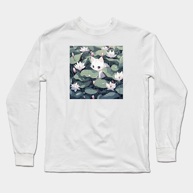 Cute white kitten in a field of lotus flowers Long Sleeve T-Shirt by etherElric